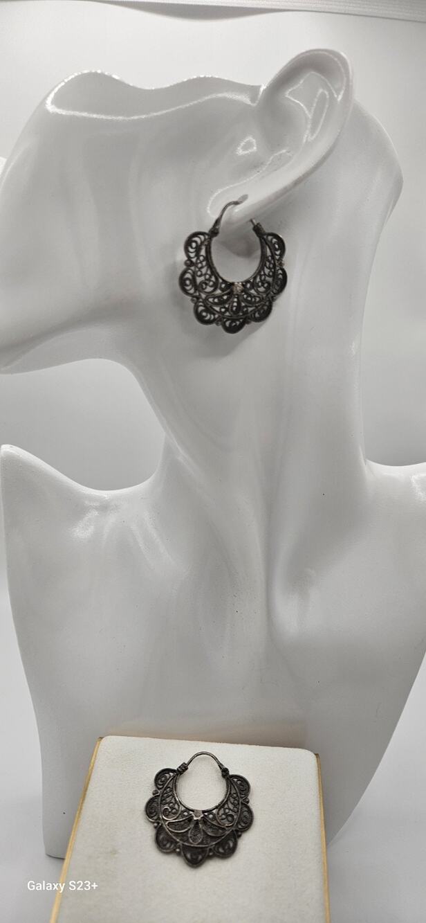 DGS Turkey 925 Sterling Silver Filigree antiqued silver-tone hoop Earrins